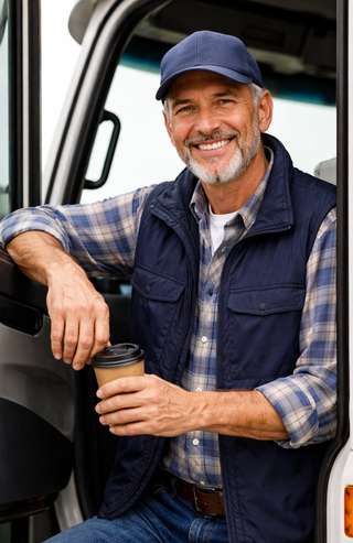 CDL truck driver leaning against cab
