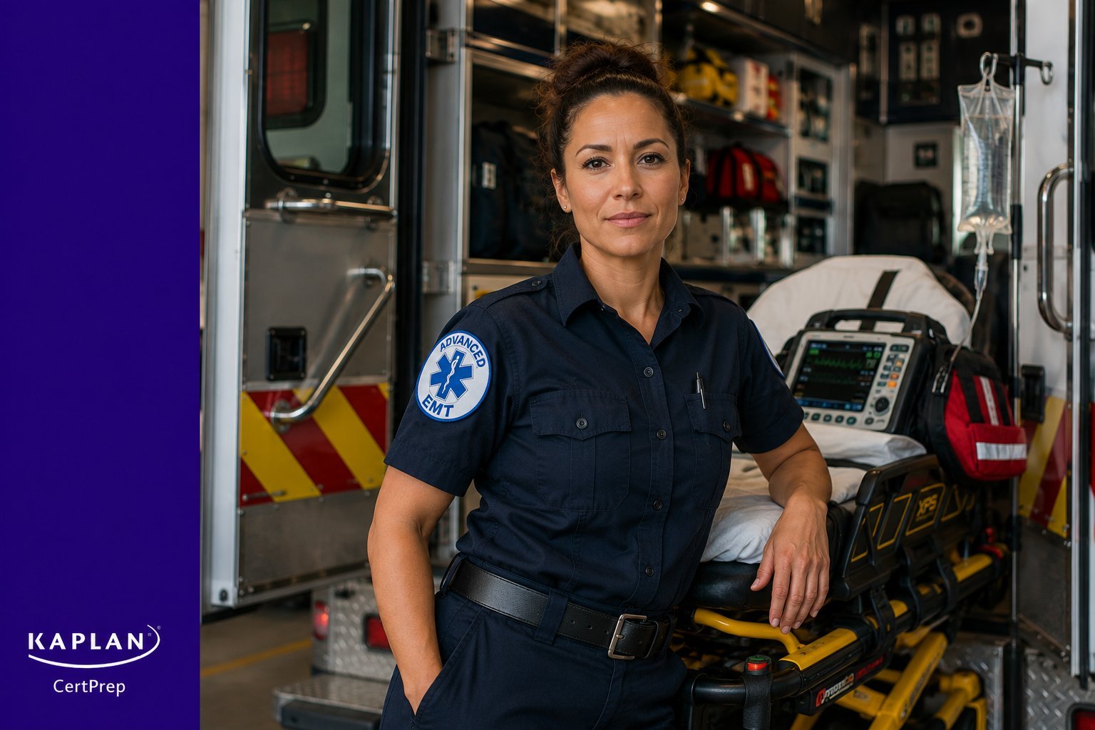 Advanced EMT leaning against ambulance stretcher preparing for NREMT AEMT certification exam