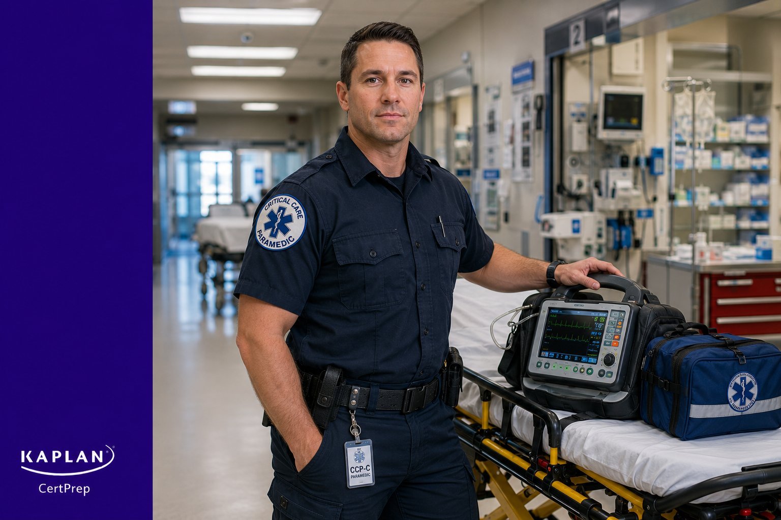 Critical care paramedic in emergency department with transport monitor preparing for CCP-C certification exam