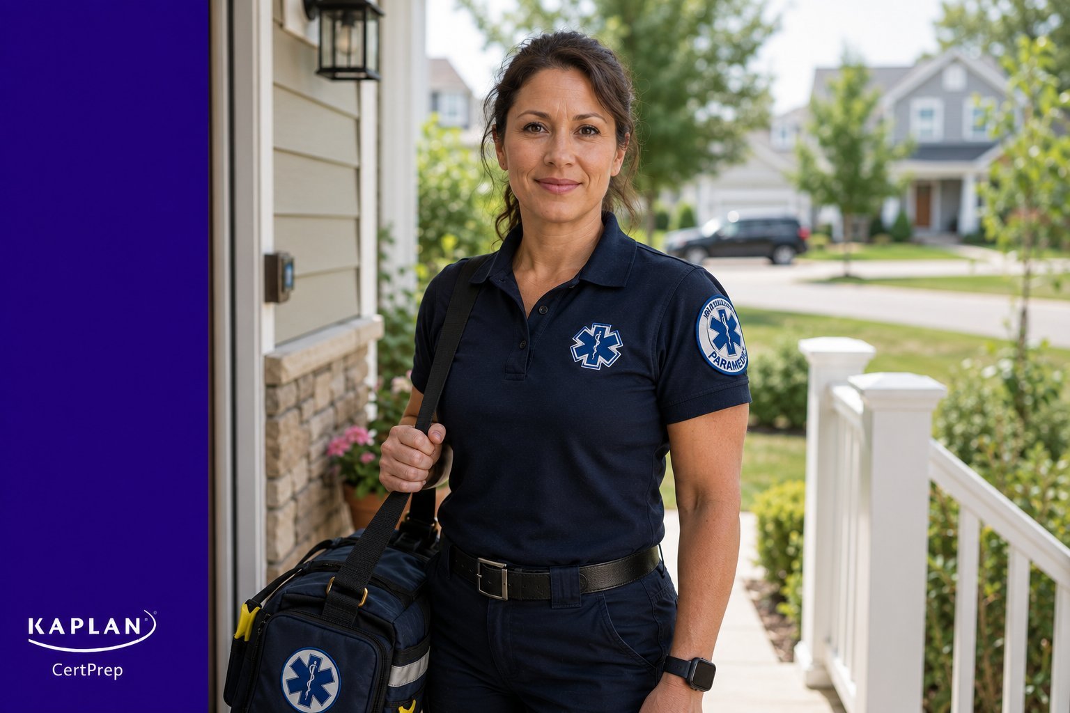 Community paramedic on residential porch with medical bag preparing for CP-C certification exam