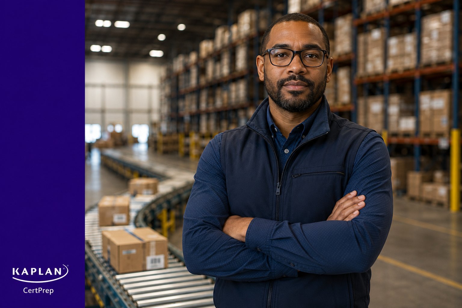 Supply chain professional in warehouse preparing for CSCP certification exam