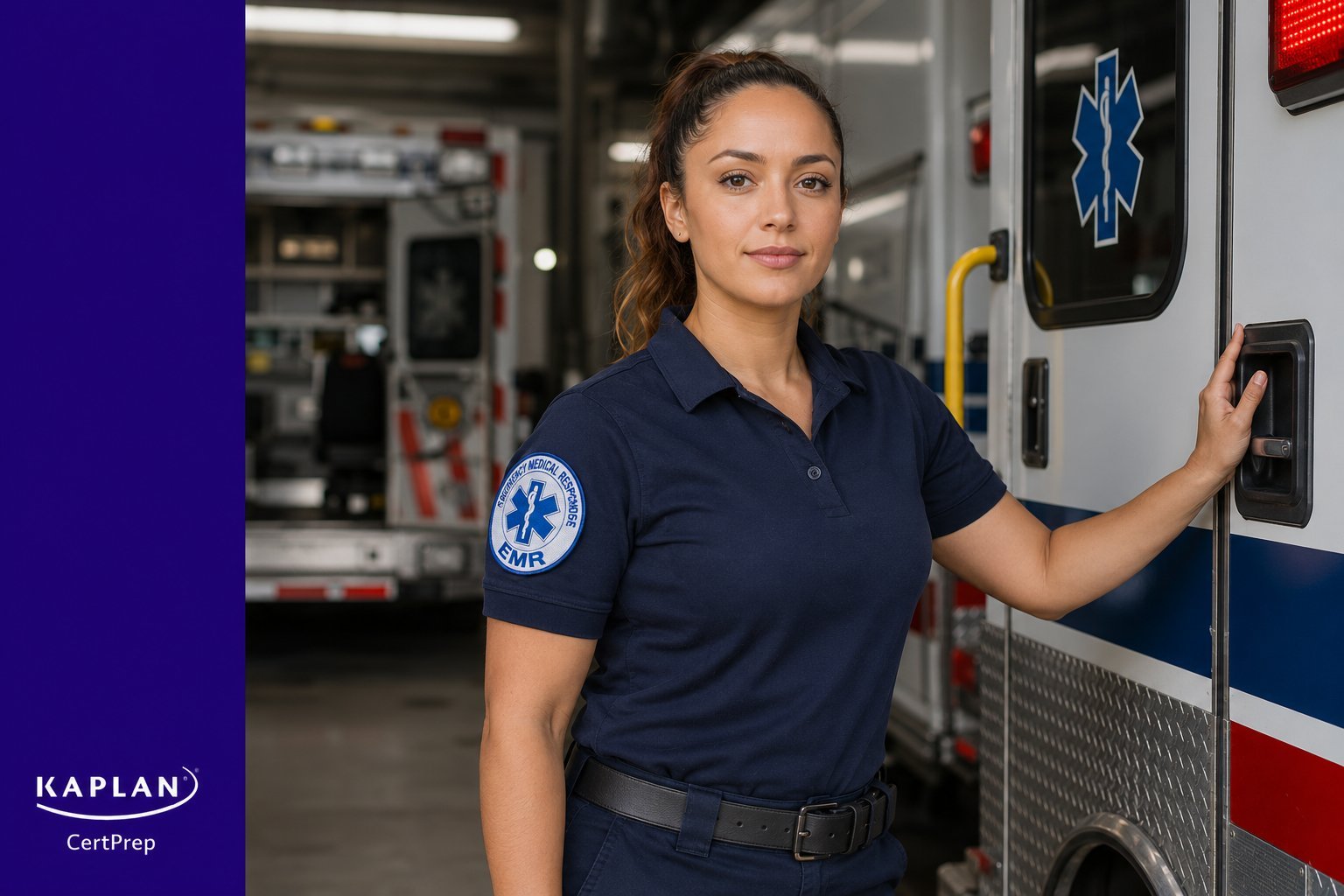 Emergency medical responder standing beside an ambulance preparing for EMR certification exam