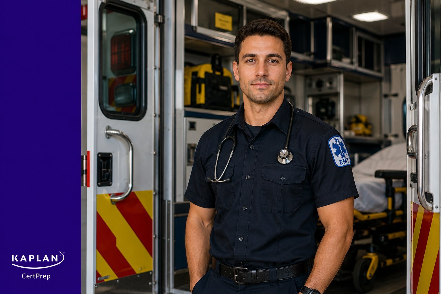 EMT standing at open ambulance doors preparing for NREMT EMT certification exam