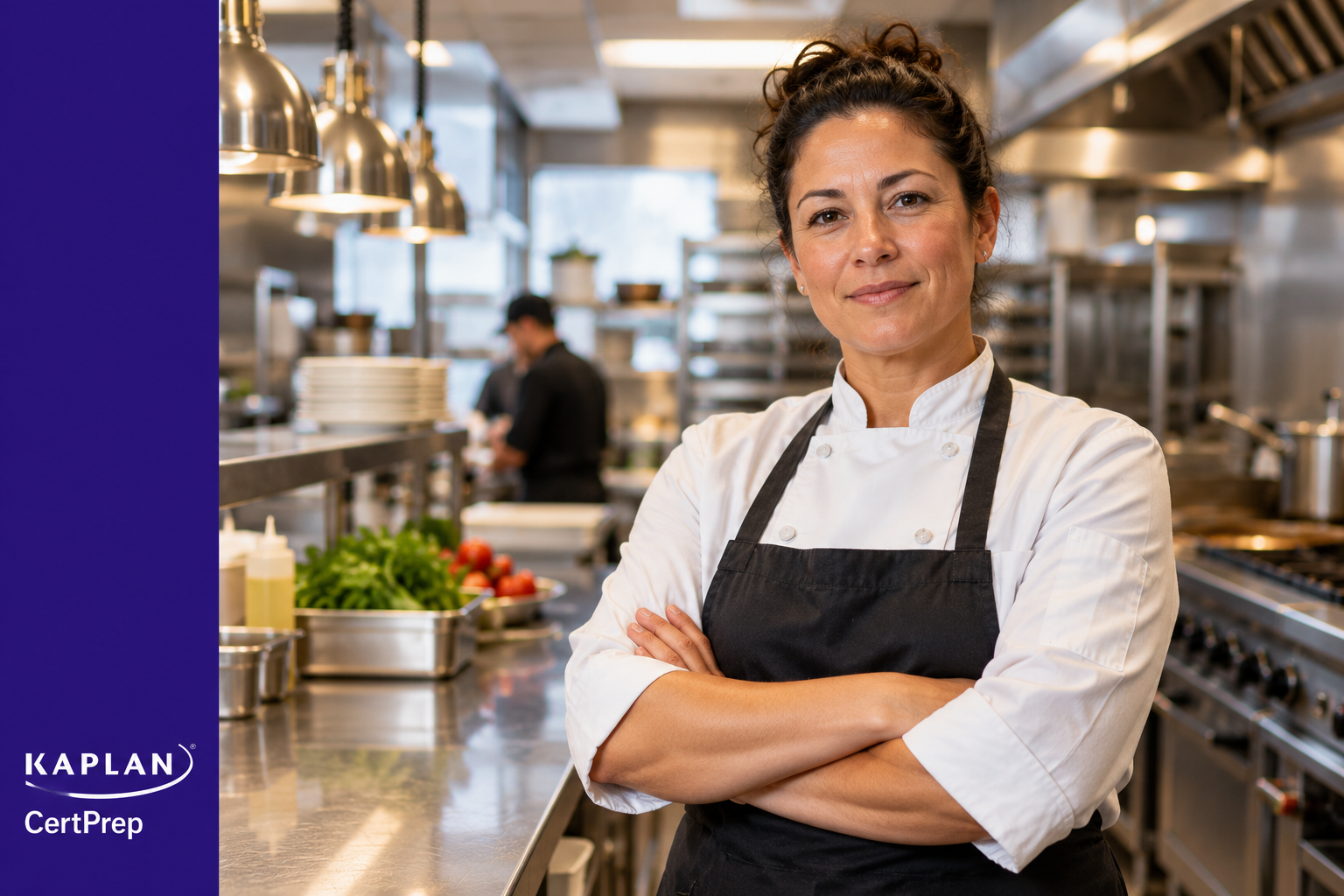 Food service manager in commercial kitchen preparing for ServSafe certification