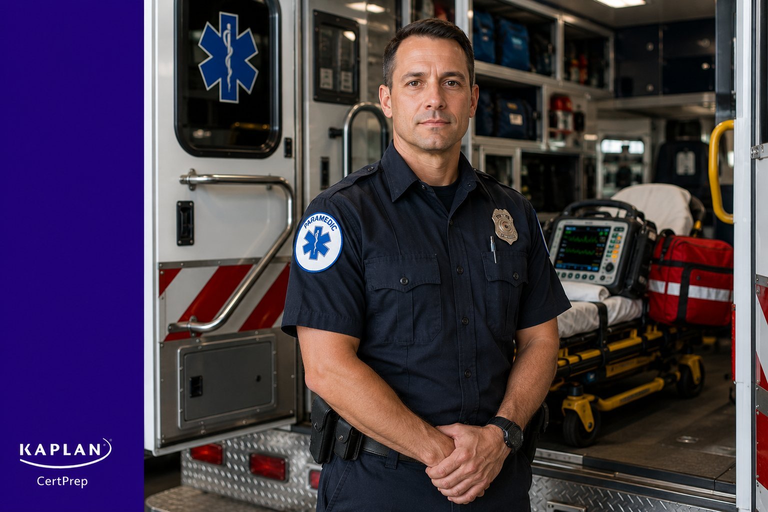 Paramedic standing beside advanced life support ambulance preparing for NREMT Paramedic certification exam