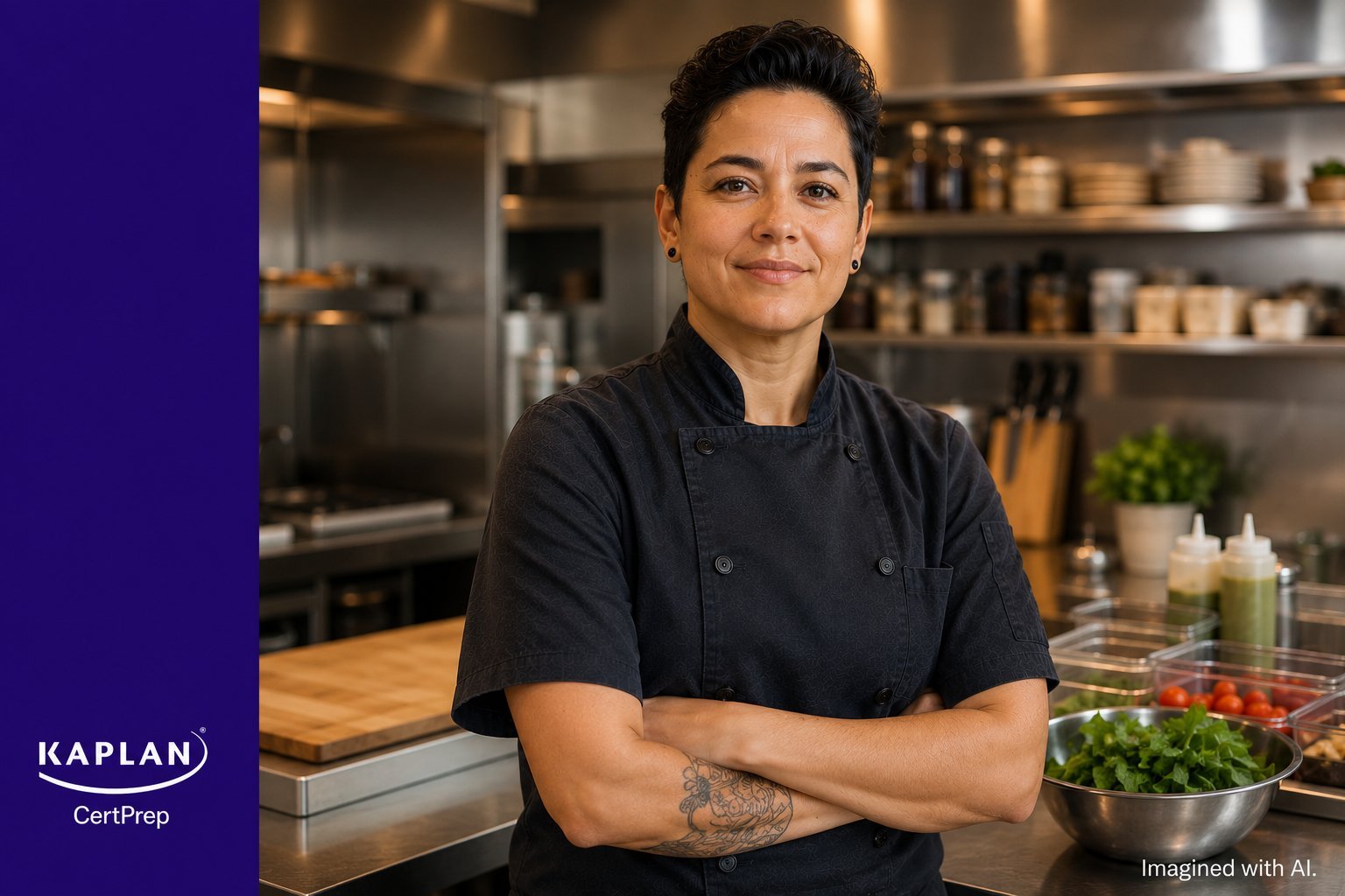 Food service professional in commercial kitchen preparing for ServSafe certification exam