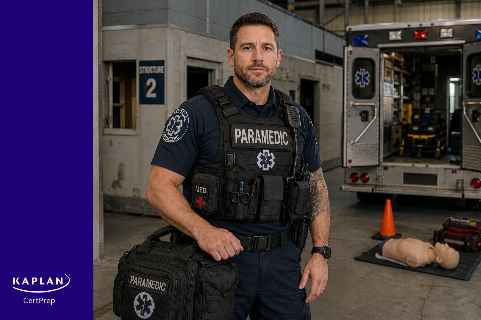 Tactical paramedic in tactical EMS gear at training facility preparing for TP-C certification exam