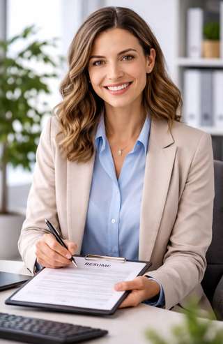 HR professional reviewing a resume at her desk