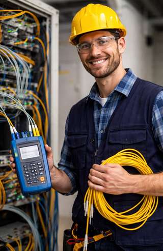 Fiber optics technician holding testing equipment